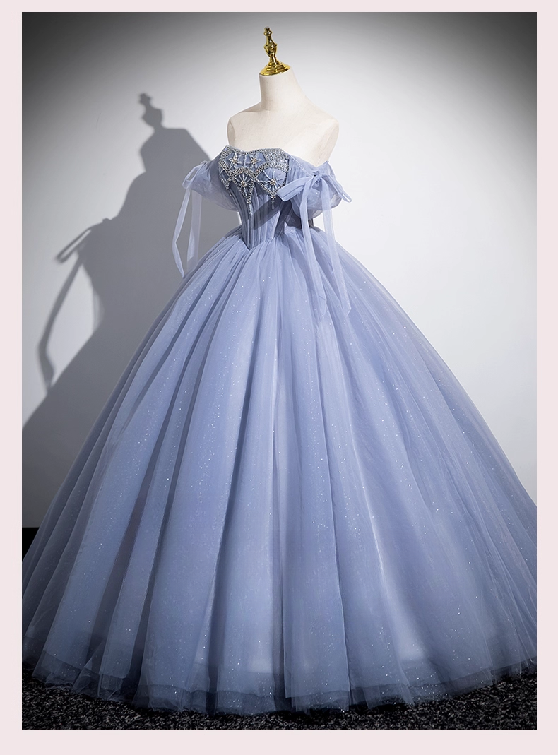 Vintage Dusty Blue Tulle Beaded Puff Sleeves A-Line Quinceanera Ball Gown TP5197