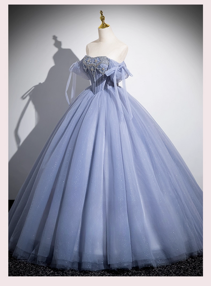 Vintage Dusty Blue Tulle Beaded Puff Sleeves A-Line Quinceanera Ball Gown TP5197