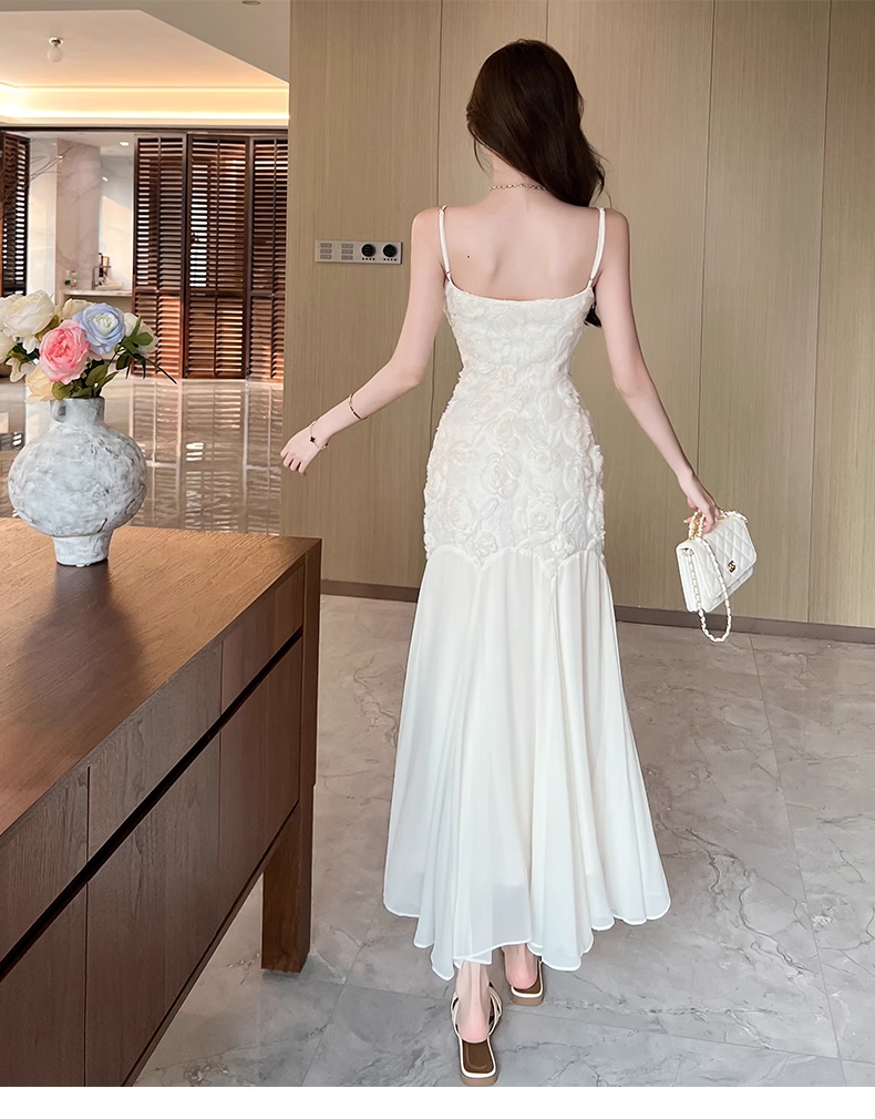 Simple White Three-dimensional Rose Embroidery Design Mermaid Sleeveless Spaghetti Strap Dress TP3323