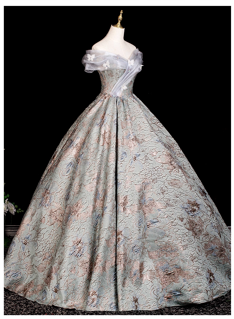 Glamorous Sage Green Floral Brocade Off-Shoulder Sweet 15 Quinceanera Ball Gown TP5503