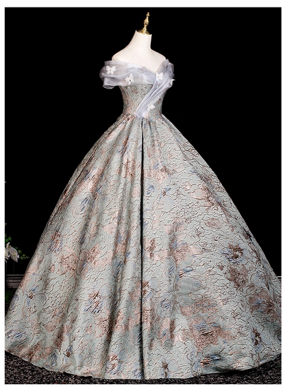 Glamorous Sage Green Floral Brocade Off-Shoulder Sweet 15 Quinceanera Ball Gown TP5503