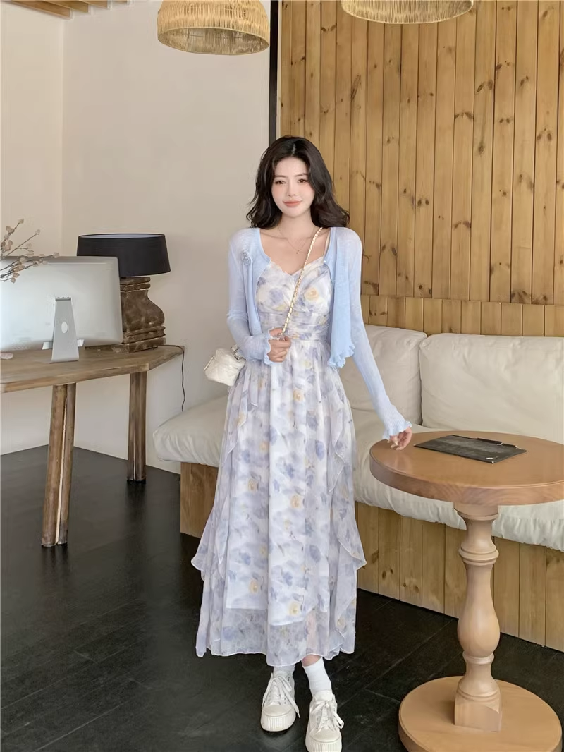 New Fashion Elegant Floral Chiffon Spaghetti Strap Dress TP2991