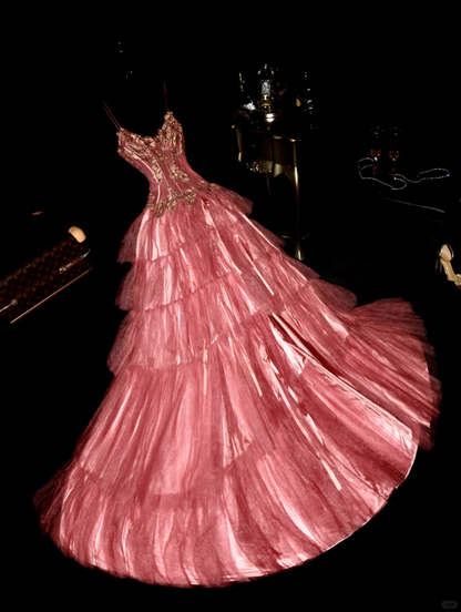 Romantic Blush Pink Tiered Tulle Beaded Spaghetti Strap Evening Gown TP5370