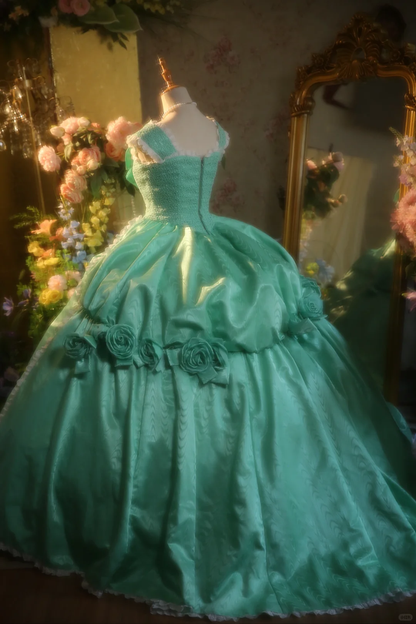 Vintage Turquoise Satin 3D Rose Applique Lace-Trimmed  Sweet 15 Quinceanera Ball Gown TP5513