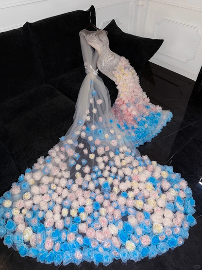 Gorgeous Sparkling Beaded Sequin Mermaid 3D Flowers Design Tulle Evening Dress Prom Dresses TP4159