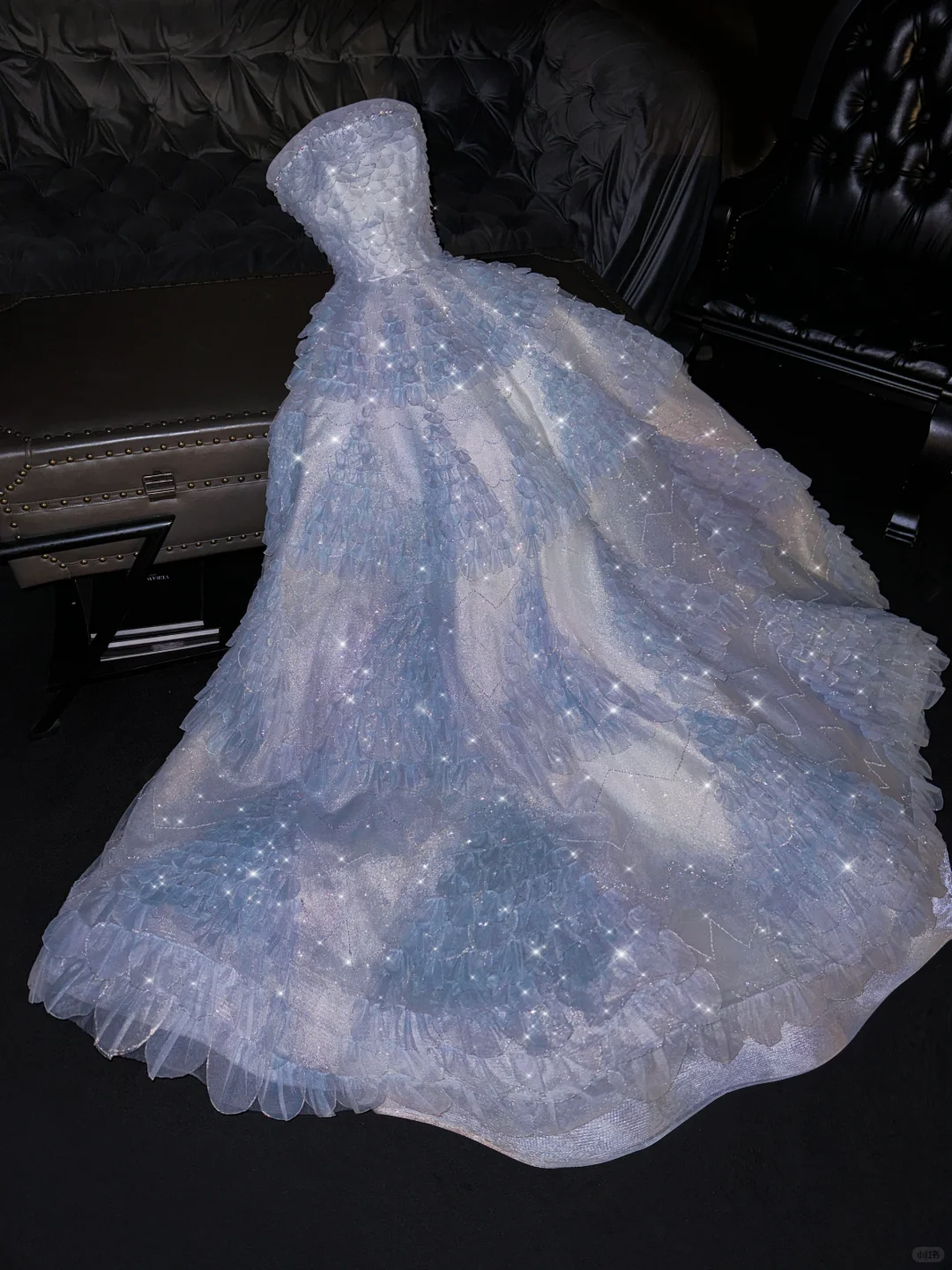 Glamorous Pastel Blue Ombre Strapless Ruffled Tulle Sparkle Sequin Formal Evening Gown TP5398