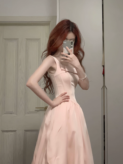 Vintage Pink Square Neck Bow Princess A-Line Midi Evening Gown TP6082