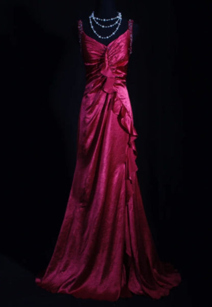 Vintage Fuchsia Satin Beaded Evening Gown Sheath Ruffled Party Dress Long Formal Dress TP4975