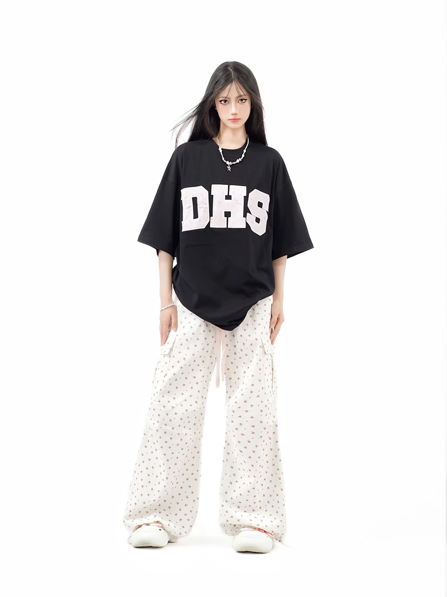 Simple Pink Floral Design Loose-fitting Elastic Waistband Long Casual Pants TP3217