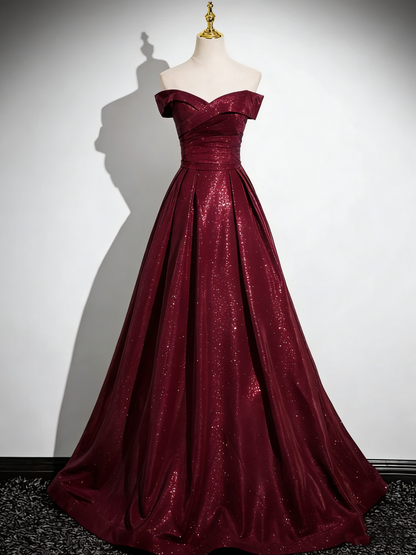 Glamorous Off-the-Shoulder A-Line Shimmering Iridescent Satin Formal Gown Ruched Prom Dress TP115