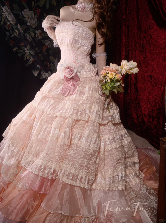 Vintage-Inspired Ruffled Pastel Pink Layered Lace A-Line Strapless Ball Gown TP5109