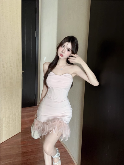 Fashion Pink Sweetheart Fluffy Hem Design A-line Strapless Homecoming Dress TP3696