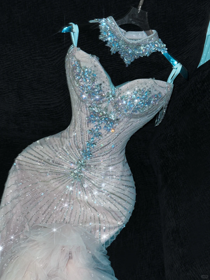 Shiny Beaded White Sweetheart Tulle Sequin Design Elegant Mermaid Floor-length Wedding Dress TP4190