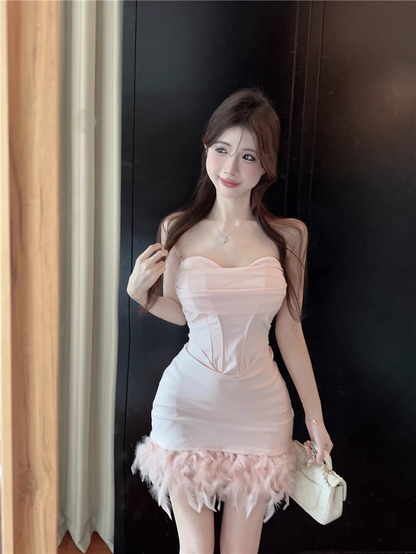 Fashion Pink Sweetheart Fluffy Hem Design A-line Strapless Homecoming Dress TP3696