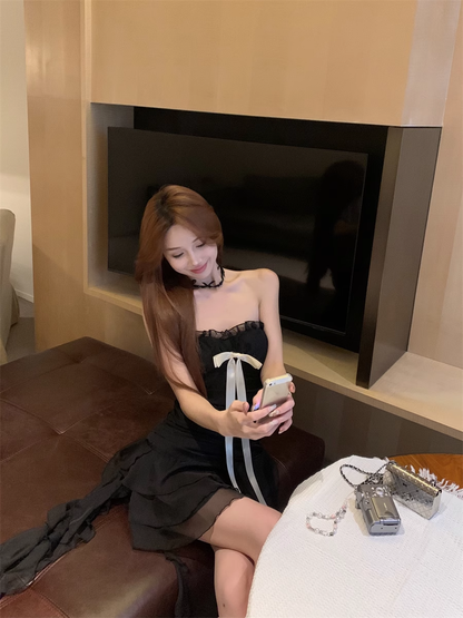 New Fashion Black Bow Design A-line Sleeveless Strapless Dress TP3420