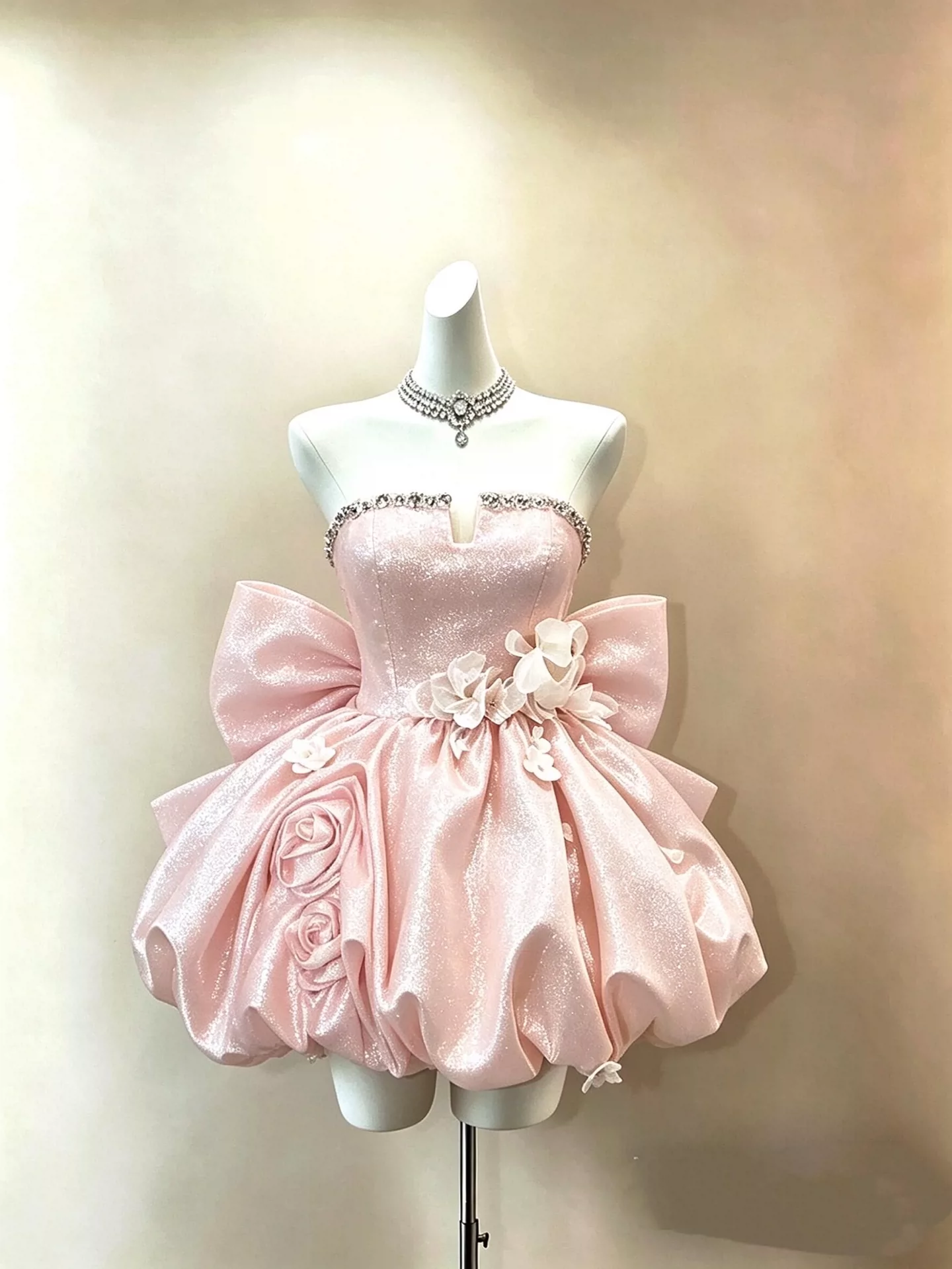 Vintage Pink Glitter Strapless 3D Floral Big Bow Beaded A-Line Homecoming Dress TP6136