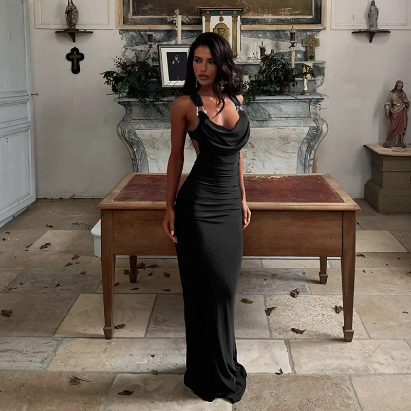 Simple Vintage Spaghetti Strap Sexy High-waist Slit Dress TP2893
