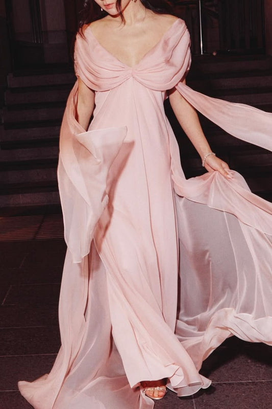 Elegant Pink Draped V-Neck Chiffon Evening Gown TP5731