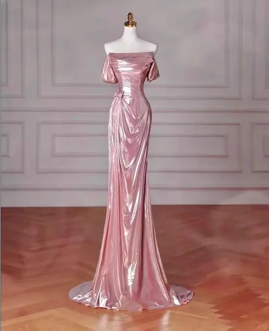 Glamorous Pink Satin Off-Shoulder Mermaid Prom Dress Draped Evening Gown TP5156
