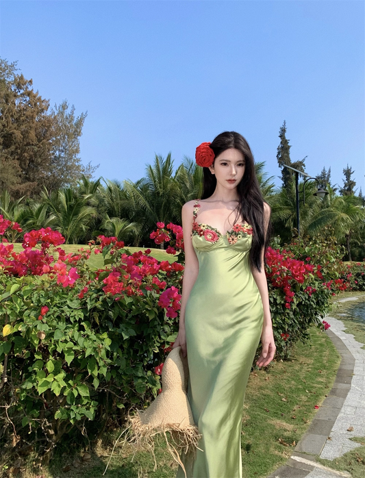 Vintage Green Floral Mermaid Spaghetti Strap Design Satin Prom Dress Evening Dress TP4226