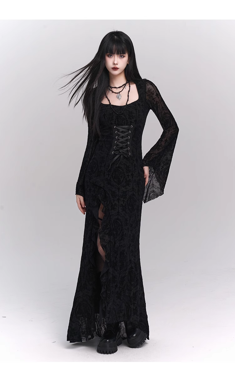 New Gothic Style Fashion Bell Sleeve Design Sense Long-sleeved Split Dress TP2931