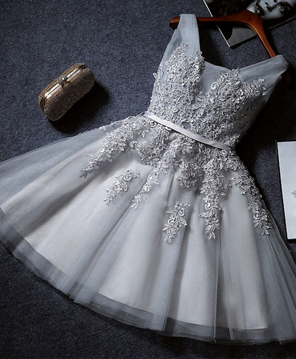 Vintage Gray Applique Design A-line Tulle Party Dress Homecoming Dress TP4067
