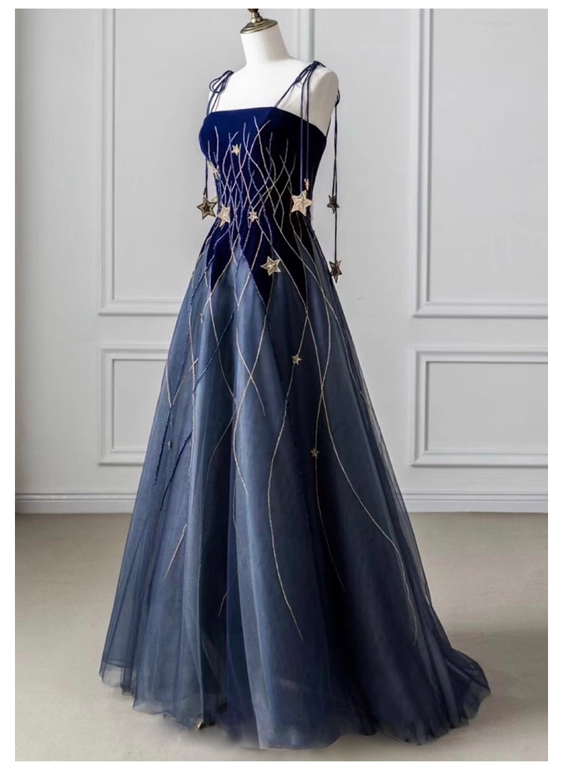 Vintage Navy Blue A-Line Evening Gown Star-studded Spaghetti Strap Party Dress Long Formal Dress TP4939