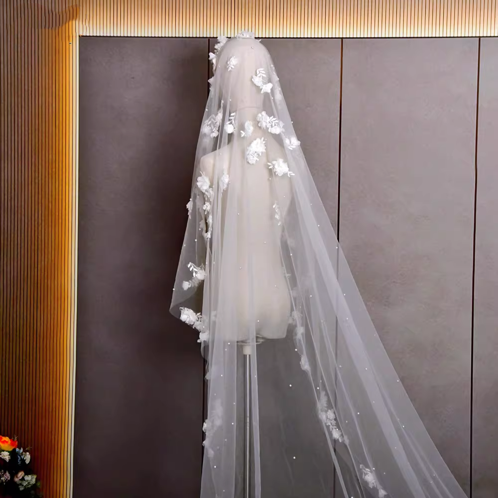 Vintage White Floral Embroidered Bridal Veil 3D Flower Beaded Cathedral-Length Wedding Veil TP5622