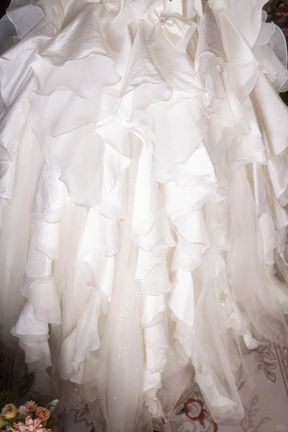 Vintage Strapless Ivory Ruffled Wedding Dress Satin Tulle Bridal Gown TP5790