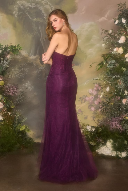 Vintage Purple Strapless Tulle Sheath Gown Beaded Ruched High Slit Evening Dress TP5718