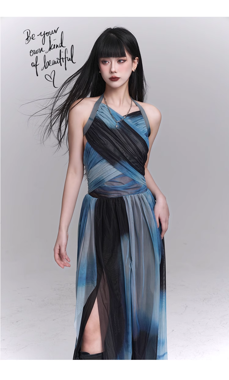 New Fashion Party Blue Chiffon Halter Dress TP2957