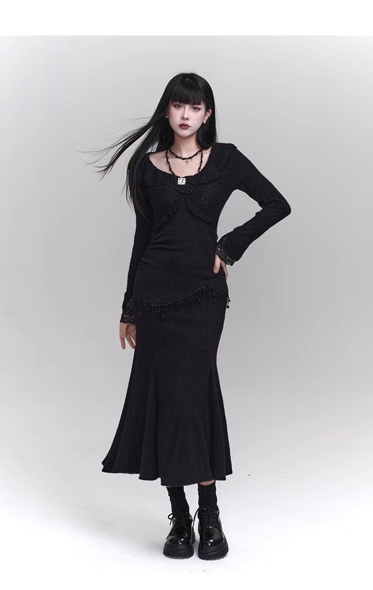 Elegant Fashion Tassels Lace Cuff Design Long-sleeved Dress TP2947
