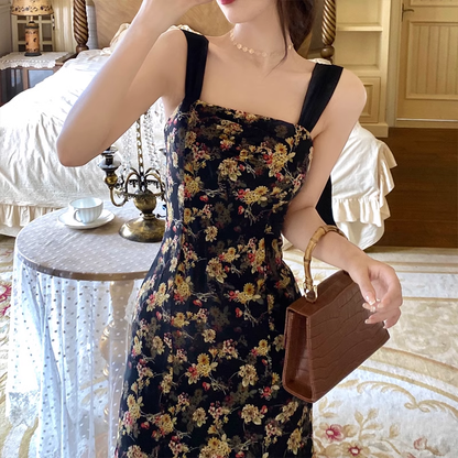 New Elegant Floral Design Slim Spaghetti Strap Dress TP2993