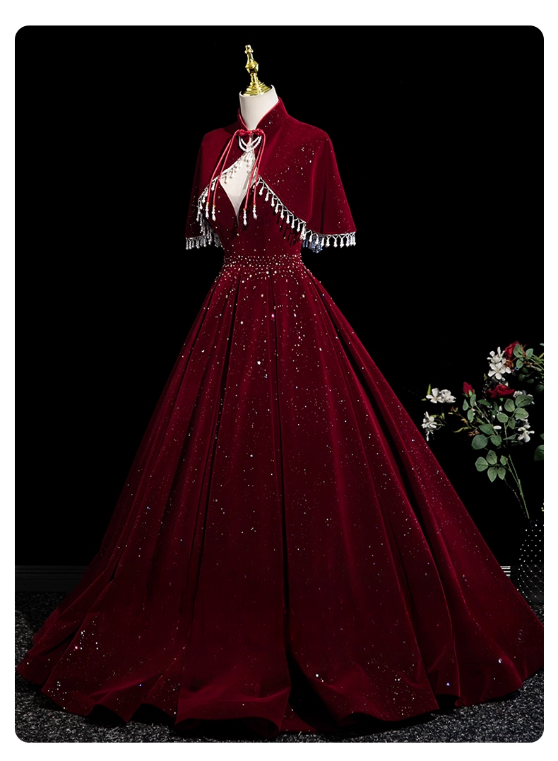 Elegant Burgundy Sequin Tulle Prom Dress A-Line V-neck Spaghetti Strap Shawl Long Evening Gown TP5212