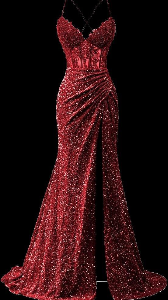 Elegant Burgundy Sparkling Sequin Evening Gown Sheath Spaghetti Strap V-neck Party Dress Slit Floor Length Formal Dress TP4898