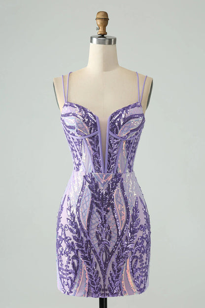 Gorgeous Purple Sequined Design A-line Bodycon Spaghetti Strap Homecoming Dress TP3637
