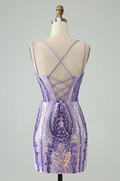 Gorgeous Purple Sequined Design A-line Bodycon Spaghetti Strap Homecoming Dress TP3637