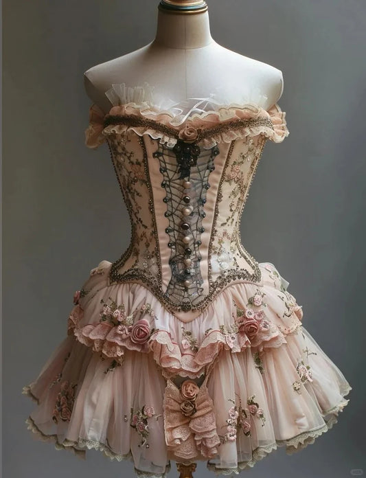 Retro Strapless 3D Flowers Design Lolita Princess Dress A-line Beaded Chiffon Party Dress Homecoming Dress TP4087