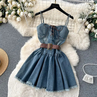 Fashion Women Sleeveless With Belted Waist Denim Corset Dress TP2822