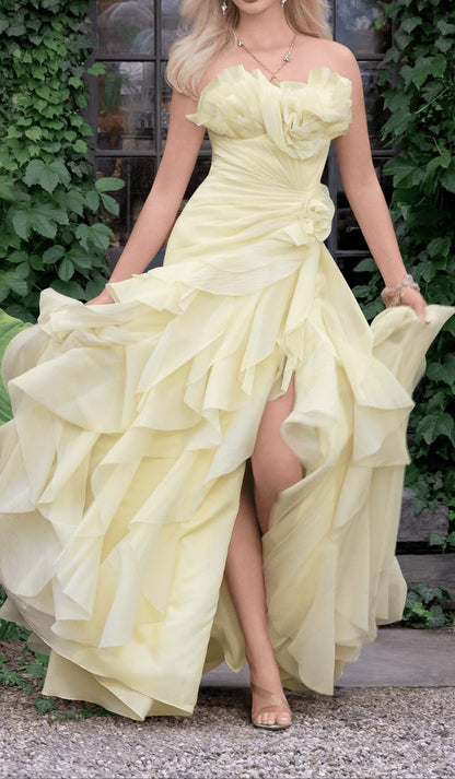 Vintage Pale Yellow Strapless Chiffon 3D Floral Ruffled High Slit A-Line Evening Gown TP5895
