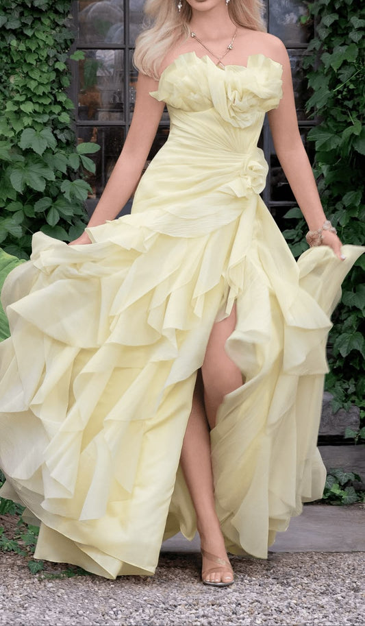 Vintage Pale Yellow Strapless Chiffon 3D Floral Ruffled High Slit A-Line Evening Gown TP5895