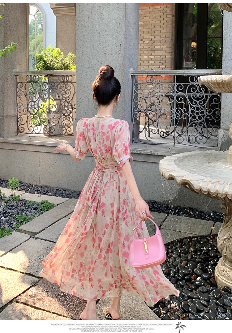 New Fashion Pink Floral Design Short Sleeves V-neck A-Line Women Long Dress TP3046