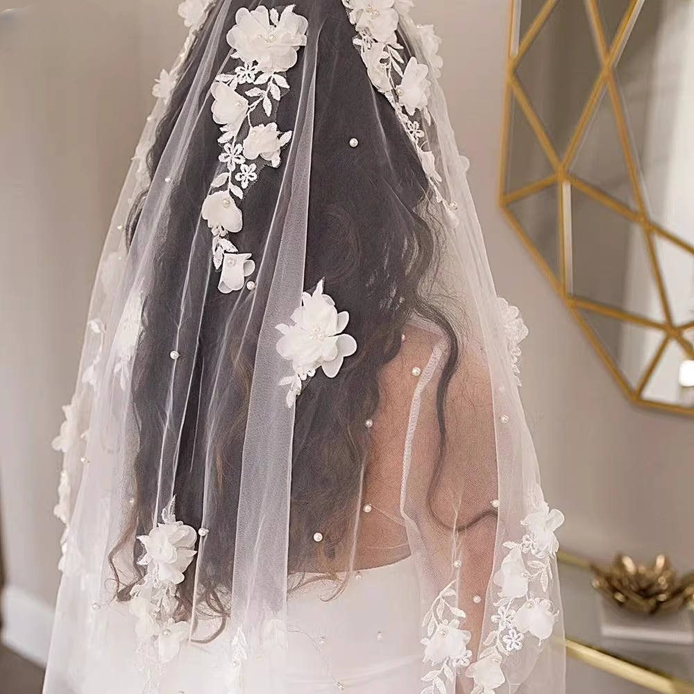 Vintage White Floral Embroidered Bridal Veil 3D Flower Beaded Cathedral-Length Wedding Veil TP5622