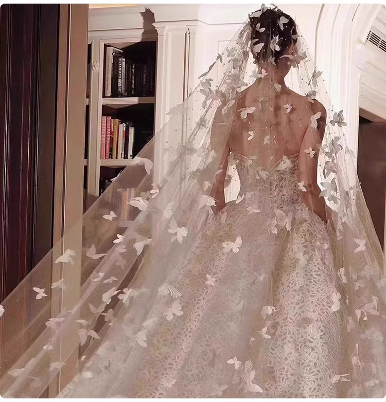 Vintage Elegant White Butterfly Pearl Design Style Long Wedding Veil TP3163