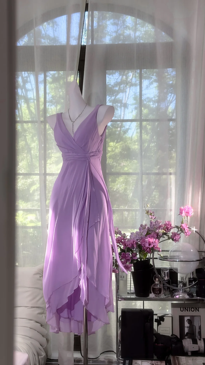 Vintage-Inspired Lilac V-neck Prom Dress Sheath Chiffon Evening Gown TP5138