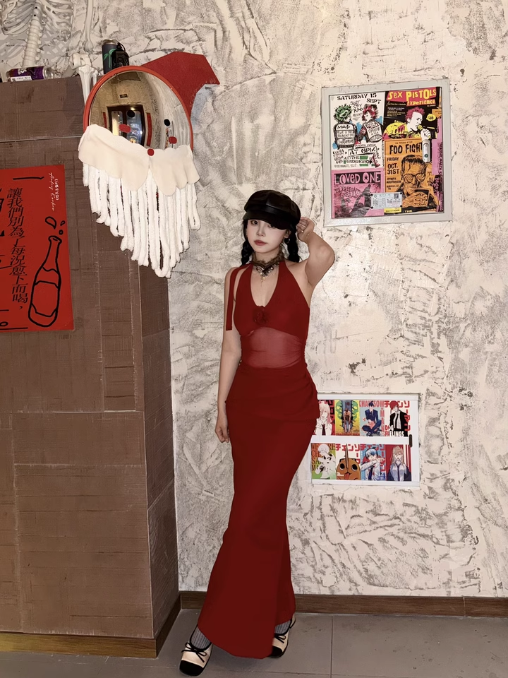 Women Simple Red Sexy Fashion Halter Dress TP2868