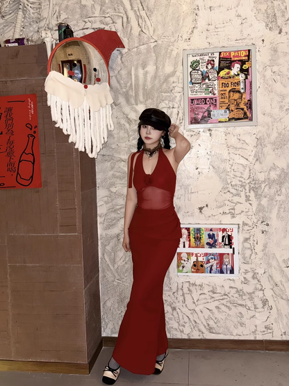 Women Simple Red Sexy Fashion Halter Dress TP2868