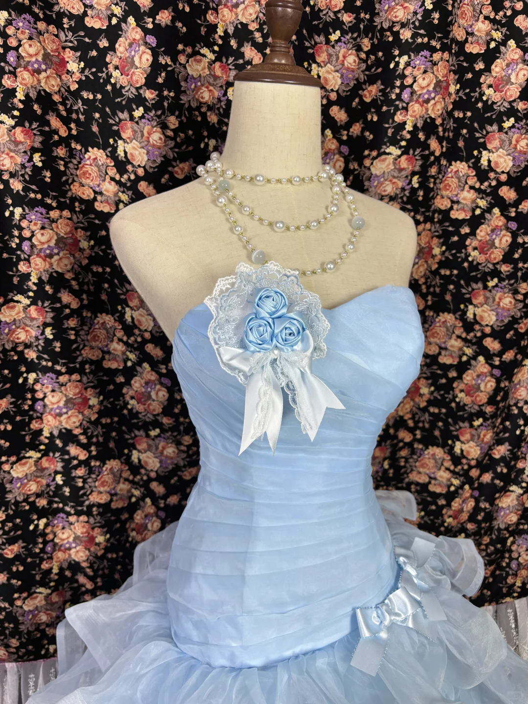 Enchanting Sky Blue Strapless Ruffled Tulle & Floral Applique Sweet 16 Quinceanera Ball Gown TP5338