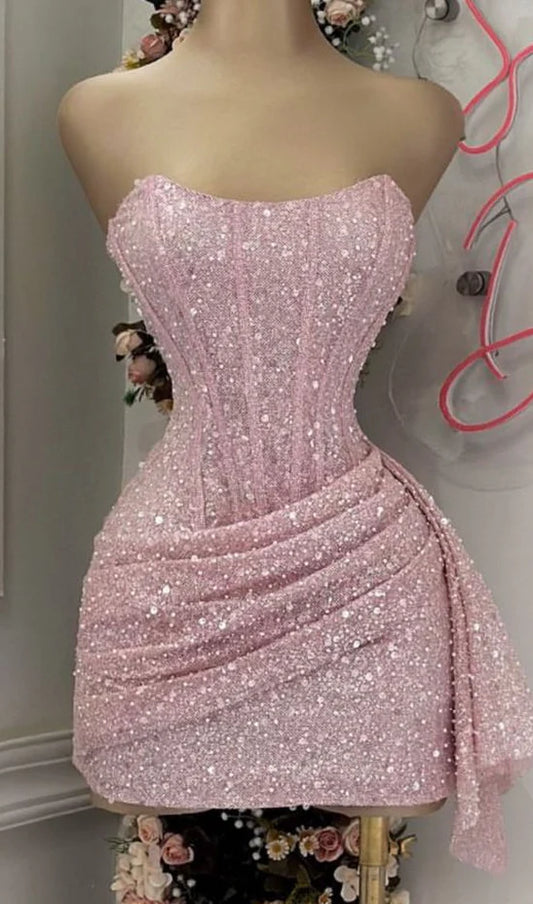 Cute Pink Shiny Sequin Strapless Bodycon Short Party Dress Cocktail Dress Homecoming Dress TP4369