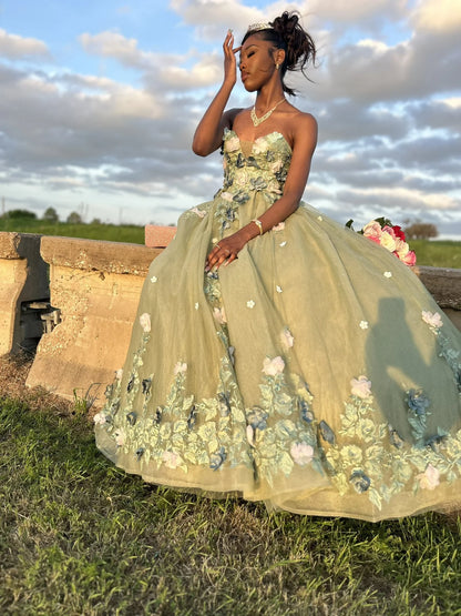 Retro Green Sweetheart Applique Sweet 16 Quinceanera A-Line Tulle Floor-length Prom Dress Birthday Dress Evening Dress Ball Gown TP4408